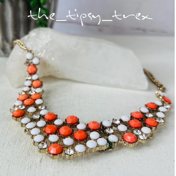 J Crew Gold Tone Faux Coral and Multi Rhinestone Necklace